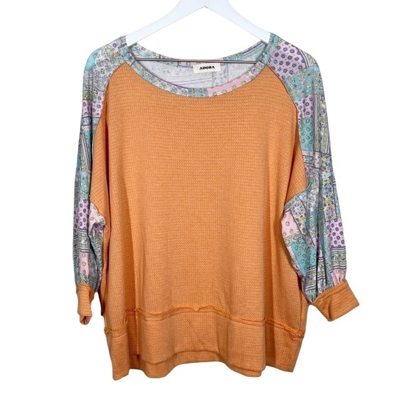 Adora Womens Orange Boho Patchwork Sleeve Detail Waffle Knit Casual Top Medium - Picture 1 of 6